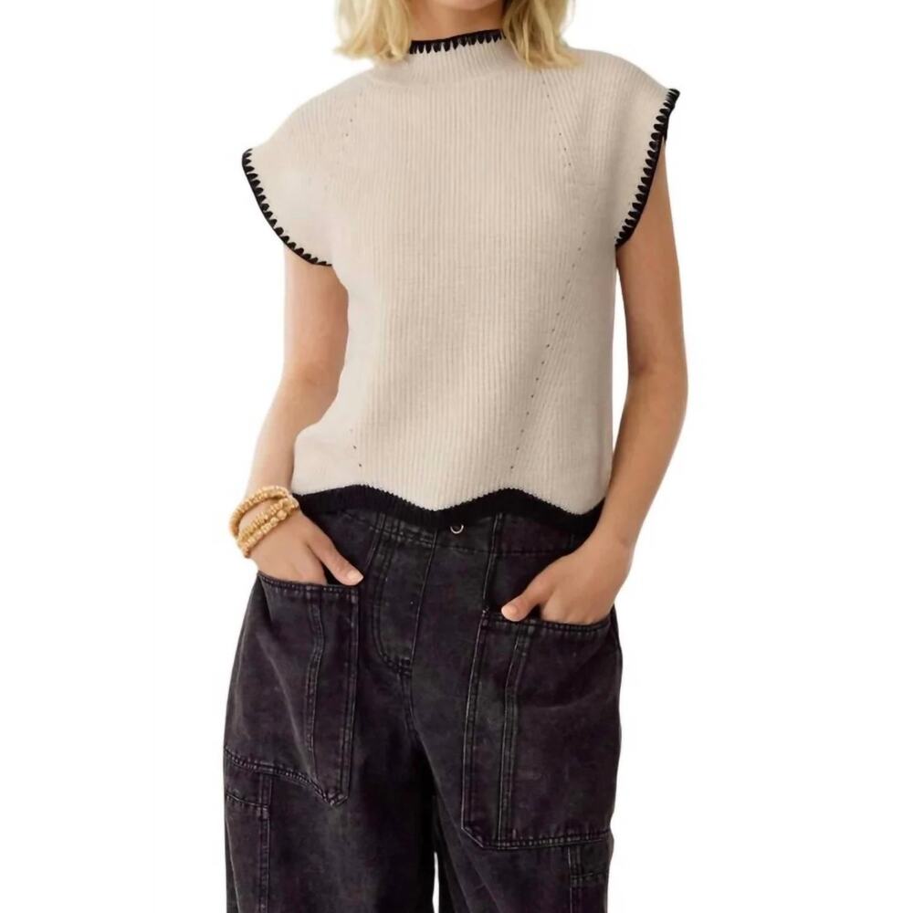 Entro NWT Women's Madison Cap Sleeve Sweater Top in Cream/Black Size Large.